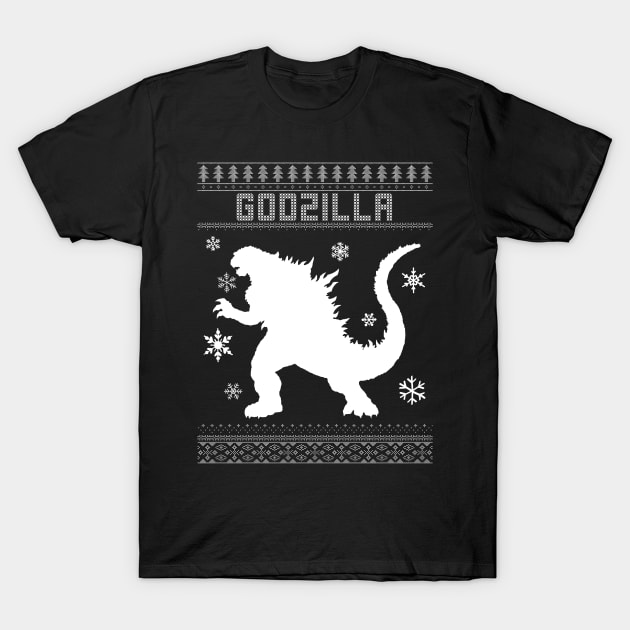 Godzilla Monster Silhouette Christmas Knit Pattern T-Shirt by Bevatron